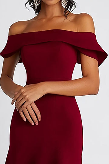 Burgundy Satin A Line Off The Shoulder Midi Formal Dress